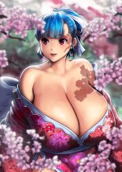 1girls bare_shoulders big_breasts blue_hair breasts breasts_bigger_than_head busty cleavage deep_cleavage enormous_breasts errorkazoo female female_only gigantic_breasts huge_breasts japanese_clothes looking_away massive_breasts original_character red_eyes rina_atherina_(errorkazoo) short_hair solo solo_female solo_focus