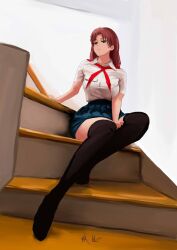 big_breasts black_socks black_stockings everlasting_summer olga_dmitrievna_(everlasting_summer) socks staircase stairs thigh_socks thighhighs