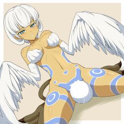 absurdres animal_feet bar_censor blunt_bangs blush bodypaint bottomless breasts censored clam_curry dark_skin egg_laying feather_magic feathers female green_eyes harpy highres medium_breasts monster_girl navel open_mouth short_hair solo tail tales_of_(series) tales_of_symphonia talons tan white_feathers white_hair white_wings winged_arms wings