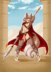 absurd_res anthro barefoot blush canid canine canis cape clothed clothing feet foreskin genitals half-erect hi_res male mammal melee_weapon muscular nude orange_eyes penis polearm shinlalala skimpy solo solo_focus spear tippy_toes weapon wolf