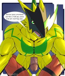 anthro armor balls bandai_namco bottom_pov bulkmon digimon digimon_(species) duo english_text erection first_person_view genitals green_eyes guilmon headgear helmet hi_res horn imminent_anal imminent_sex iudicium86 male male/male pecs penis red_body spread_legs spreading text yellow_body