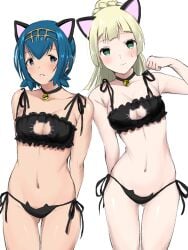 2girls bell bell_choker black_bra black_lingerie black_panties blonde_hair blue_eyes blue_hair bra breasts cat_bell cat_ears cat_keyhole_bra cat_keyhole_lingerie cat_lingerie choker cleavage_cutout clothing_cutout fake_animal_ears green_eyes hairband lana_(pokemon) lillie_(pokemon) lingerie looking_at_viewer medium_breasts midriff navel nintendo nishikino_kee panties paw_pose pokemon pokemon_sm ponytail short_hair side-tie_panties