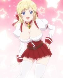 1girls 2023 blonde_hair blue_eyes blush breasts cleavage clothing large_breasts lidenfilms official_art screencap thighhighs thighs yuna_yunis yuusha_ga_shinda!