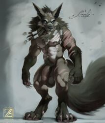 2023 5_toes anthro balls canid canine canis claws digital_drawing_(artwork) digital_media_(artwork) digitigrade facial_piercing feet finger_claws flaccid foreskin genitals hi_res male male_only mammal muscular muscular_anthro muscular_male navel nipple_piercing nipple_ring nipples nose_piercing nose_ring penis piercing pubes ring_piercing scar solo standing tail toe_claws toes wolf zaahrich