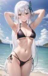 1girls ai_generated armpits arms_up beach bikini black_bikini echidna_(re:zero) imminent_kiss imminent_sex navel perfect_body re:zero_kara_hajimeru_isekai_seikatsu seductive seductive_eyes seductive_gaze seductive_look seductive_smile showing_armpits skindentation stable_diffusion white_hair