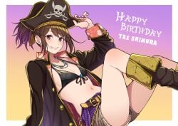 1girls alternate_costume bikini_top black_bikini_top boots brown_eyes brown_hair female female_only flat_chest fully_clothed gintama halloween halloween_costume happy_birthday kobaji legs_up looking_at_viewer nail_polish necklace pirate pirate_hat pirate_outfit ponytail purple_nails shimura_tae shorts shounen_jump smile solo