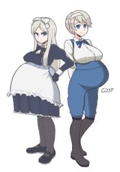 2girls alternate_version_available axis_powers_hetalia belarus_(hetalia) belly big_belly big_breasts blonde_hair blue_eyes bow breasts cg3p clothed clothing commission commissioner_upload dress female female_only hairband hairbow height_difference light-skinned_female light_skin long_hair multiple_girls multiple_pregnancies overalls pout pregnant shoes short_hair sister sisters smile smiling standing tagme ukraine_(hetalia) white_background