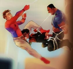 age_difference anal_sex blowjob bondage closed_eyes cum_in_ass cum_in_mouth dark-skinned_male dark_skin father_and_son father_penetrating_son gagged gay incest interracial jefferson_davis light-skinned_male light_skin looking_at_another male male_only marvel miles_morales outside partially_clothed penis penis_grab peter_b_parker pleasure_face police_uniform size_difference spider-man:_into_the_spider-verse spider-man_(series) spider_web sucking_penis suit threesome tied_up yaoi