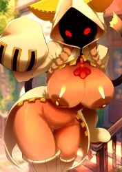 1girls arc_system_works areolae ashraely big_areola big_nipples blazblue bottomless bottomless_skirt breasts breasts_out brown_nipples brown_skin dark-skinned_female dark_nipples dark_skin female hi_res hood huge_areolae huge_breasts huge_nipples large_areolae nipples open_skirt pussy red_eyes shadowed_face solo taokaka thick_thighs thighs uncensored upskirt voluptuous wide_hips