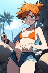 1futa 2020s 2023 ai_generated anime asymmetrical_hair bare_arms bare_legs bare_midriff beach belly_button big_cock big_penis bikini_top blue_bottomwear blue_eyes blush blush_lines bra breasts clouds cock colored day denim denim_shorts detailed_background dick erect erect_nipples_under_clothes erect_penis erection exposed_penis eyelashes front_view futa futa_focus futa_only futanari game_freak ginger_hair glans heroine kasumi_(pokemon) legs_together light-skinned_futanari light_skin manga misty_(pokemon) navel nervous nipple_bulge open_fly open_mouth orange_bikini orange_bra orange_hair outdoors outside palm_tree penis penis_out penis_through_bottomwear penis_through_fly pixai pokemon pokemon_(anime) pokemon_(game) pokemon_rgby precum shaded shiny_hair shiny_skin short_hair short_shorts shorts side_ponytail skimpy_clothes sky small_breasts solo solo_focus solo_futa standing teenage_futa teenager tomboy unbuttoned_bottomwear unzipped_bottomwear video_game