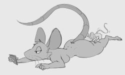 2023 anthro bent_over bored duo ears_up face_in_ass female hand_on_leg hi_res lying macro male male/female mammal monochrome murid murine narrowed_eyes on_front phone raised_tail rat rodent schmutzo simple_background size_difference tail whiskers