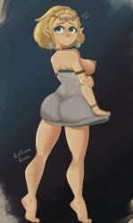 armlet ass bare_shoulders blonde blush bracelet braided_hair breasts calves_up dark_nipples dress dress_pull dress_tug earring female green_eyes looking_back looking_up mellojellowo nipples pointy_ears princess_zelda puffy_nipples short_hair tears_of_the_kingdom the_legend_of_zelda tiptoes zelda_(tears_of_the_kingdom)