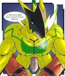 anthro armor bandai_namco between_legs bodily_fluids bulkmon cum digimon digimon_(species) duo first_person_view genital_fluids guilmon headgear helmet hi_res iudicium86 male male/male muscular nipples pecs speech_bubble sweat