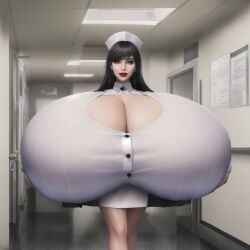 ai_generated big_breasts black_hair blouse collared_shirt fully_clothed gigantic_breasts high_heels huge_breasts hyper hyper_breasts maggie_bluxome_(artist) massive_breasts nurses pale_skin second_life short_skirt stable_diffusion violet_eyes