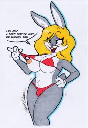 absurd_res anthro areola big_breasts bikini bikini_pull breasts bugs_bunny bulge clothed clothing clothing_pull fembugs_bunny genitals grey_body gynomorph hair handwear hi_res huge_breasts intersex lagomorph leporid looney_tunes mammal nipples penis rabbit rotten_owl simple_background smile solo swimwear swimwear_pull traditional_media_(artwork) warner_brothers white_background wide_hips