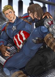 bara big_chest blonde_hair blush breath bucky_barnes captain_america cartoony clothed comic costume crotch cybernetic_arm cybernetic_limb cybernetics dark_hair fingerless_gloves fully_clothed gay gloves hand_on_partner hand_on_shoulder hand_on_thigh hand_under_thigh harness long_hair looking_at_partner male_only marvel marvel_cinematic_universe marvel_comics metal_arm prosthetic prosthetic_arm short_hair small_waist spreading_legs steve_rogers suggestive suyohara uniform visible_breath winter_soldier