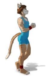 absurd_res anthro blue_clothing brown_hair bulge clothed clothing domestic_cat eldiman felid feline felis fingers fur genital_outline hair hands_together hi_res male mammal penis_outline shadow striped_body striped_fur stripes tail tan_body tan_fur tan_tail