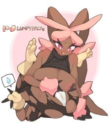 2girls anthro big_breasts blush bodily_fluids breasts clothed clothing duo female furry furry_only generation_4_pokemon genital_fluids goddess_feet hi_res legwear lopunny lumpypaca lumpypacas nintendo open_mouth panties pasties pokemon pokemon_(species) pussy_juice red_eyes simple_background take_your_pick torn_clothing torn_legwear underwear