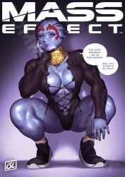 1girls abs alien alien_girl alternate_costume asari blue_eyes blue_skin breasts commission cross-laced_clothes female forehead_protector gorget large_breasts mass_effect mass_effect_2 mature_female milf muscular muscular_female no_bra phoebus_art plunging_neckline purple_lips revealing_clothes samara sneakers socks solo squatting sweat text