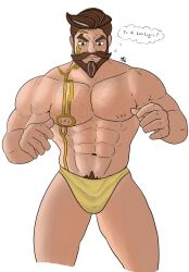 1boy abs brown_hair embarassed embarrassed_nude_exposure gay golden_tattoo graves_(league_of_legends) green_eyes grey_hair hairy hairy_male hairy_pecs happy_trail league_of_legends league_of_legends:_wild_rift looking_down male male_only moustache muscular muscular_arms muscular_male muscular_pecs muscular_shoulders speedo tattoo thought_bubble tight_clothing underwear