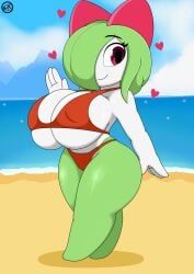 beach big_breasts bikini breasts cleavage fanart female female_focus female_only green_hair hair_over_one_eye heart humanoid kirlia nintendo nr_ac pokémon_(species) pokemon pokemon_(species) purple_eyes shortstack smile solo swimwear thick_thighs thighs tight_clothing wide_hips