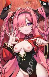 1girls alternate_costume areolae azur_lane blush breasts chinese_clothes female female_only hair_over_one_eye hand_gesture happy inviting iron_blood_(azur_lane) light-skinned_female light_skin looking_at_viewer maxin mechanical_horns nipples official_alternate_costume pink_hair prinz_rupprecht_(azur_lane) prinz_rupprecht_(the_gate_dragon's_advent)_(azur_lane) purple_eye solo suggestive_gesture teasing teasing_viewer traditional_clothes