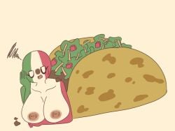 1girls areola arm_under_breasts big_breasts breasts cocomooooochi collarbone countryhumans countryhumans_girl female female_only food hand_on_own_head huge_breasts massive_breasts mejichango mexico_(countryhumans) naked_female nipples open_mouth simple_background solo sweatdrop taco taco_bell