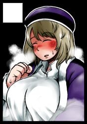 1girls big_breasts blonde_hair blush closed_eyes clothed clothed_female clothing dungeon_meshi falin_touden female hat large_breasts medium_hair oasis_(magnitude711) open_mouth solo steam sweat sweatdrop tight_clothing upper_body