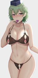 1girls belly belly_button blush breasts censored chiyo_(pk19981234) condom condom_in_mouth crotch_cutout eiyuu_densetsu green_hair hat lingerie musse_egret navel nipple_cutouts nipples purple_eyes pussy sen_no_kiseki simple_background skimpy skimpy_clothes skimpy_dress solo sweat