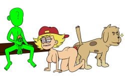 1girls adullperson aged_up anon bestiality blonde_hair canine canine_penis furry lana_loud light-skinned_female looking_at_another masturbation non-anthro nude older penis red_hat sideways_hat the_loud_house white_background zoophilia