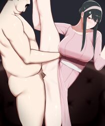 1boy 1girls black_background black_hair blush closed_mouth completely_nude earrings facial_hair fat_male female hairband highres human jewelry long_hair male moustache murdoch_swan netorare nolasama ntr nude open_mouth pussy red_eyes sex short_hair split spy_x_family standing standing_on_one_leg standing_split straight vaginal_penetration yor_briar yor_forger