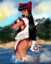 1girls ainu_clothes ass backboob big_ass big_breasts black_hair busty dark_skin female female_only grey_eyes hair_ribbon large_breasts legs long_hair nakoruru samurai_shodown smile snk solo thighs thong traditional_media_(artwork) water watermark