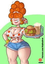 1girls aged_up beer beverage big_breasts bracelet burger cleavage earrings ed_edd_n_eddy female female_only food freckles hair_over_eyes jean_shorts kanker_sisters large_breasts lee_kanker light-skinned_female light_skin lipstick milf navel necklace orange_hair shorts solo solo_female solo_focus teenagebratwurst thick_thighs thighs tied_shirt wide_hips