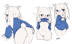 anthro areola ass blush bodily_fluids bottomless breasts cave_story clothed clothing female fur genitals gomogomo hi_res lagomorph looking_back mammal mimiga nipples pussy solo sue_sakamoto sweat white_body white_fur