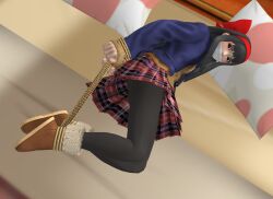 1girls 3d ass bed black_hair bondage hair_ribbon hi_res king_of_fighters king_of_fighters_xiv legs long_hair lying nakoruru official_alternate_costume pantyhose rope samurai_shodown skirt snk thighs tied_up