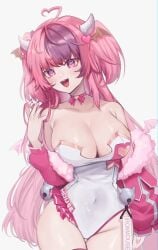 bells big_breasts blush choker cleavage horns huge_breasts ironmouse jacket_partially_removed long_hair open_mouth pale_skin pink_eyes pink_hair playing_with_hair thick_thighs thigh_gap twintails virtual_youtuber vshojo