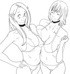 2girls anigoka asymmetrical_docking big_breasts bikini black_and_white blush breast_size_difference breasts closed_eyes collar dungeon_meshi duo elf falin_touden female female_only happy human long_hair looking_away marcille_donato medium_breasts medium_hair open_eyes pointy_ears smile swimsuit