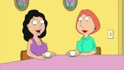 2girls accurate_art_style big_breasts bonnie_swanson breast_expansion breasts busty cleavage eyes_wide_open family_guy female_focus female_only ggedits huge_breasts imminent_lactation imminent_sex imminent_yuri large_breasts lois_griffin looking_at_breasts looking_at_own_breasts looking_down mature_female motion_lines screencap screenshot screenshot_edit staring_at_breasts teacup yuri