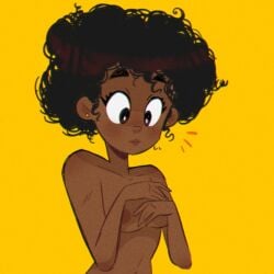 !!! afro bare_shoulders big_eyes big_forehead big_head black_hair blush breasts brown-skinned_female brown_nipples brown_skin covering_breasts covering_self cropped_torso cute dark-skinned_female dark_skin earrings ears eyes_crossed female hair hands human julian_van_bores limited_palette linea_alba medium_breasts messy_hair navel_line neoteny pierced_ears round_ears round_eyes shy small_breasts small_ears small_hands small_torso solid_color_background solo topless upper_body v_shoulders wide_eyed yellow_background yellow_theme