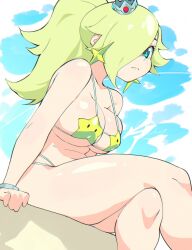 1girls 2020s 2023 aetherion_art big_breasts bikini blonde_hair blue_eyes breasts crossed_legs crown earrings female female_only hair_over_one_eye long_hair mario_(series) nintendo outside ponytail princess_rosalina shiny_skin sitting sky solo star_earrings