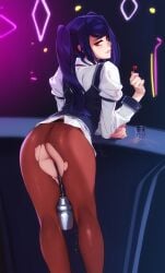 ass bar_(place) bartender bent_over blush brown_pantyhose candy cocktail_shaker collared_shirt employee_uniform feguimel female food from_behind highres jill_stingray julianne_stingray juliet_sleeves kneepits lollipop long_hair long_sleeves looking_at_viewer looking_back neon_lights pantyhose pee_in_container peeing peeing_in_cup peeing_into_container puffy_sleeves purple_hair red_eyes shirt signature skindentation smile solo swept_bangs thighs torn_clothes torn_pantyhose twintails uniform urine urine_in_container urine_stream va-11_hall-a vest white_shirt wrist_cuffs