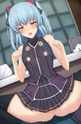 after_sex blue_hair blush chiyo_(pk19981234) clothed cum eiyuu_densetsu heart legs_apart looking_at_viewer paw_pose pussy sen_no_kiseki tio_plato tongue_out