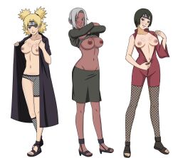 3girls adult age_difference big_breasts black_hair blonde_hair blue_eyes blush bodysuit breasts_out clothing dark-skinned_female dark_skin exposed_breasts feet fishnets full_body hair_bun headband iwagakure_symbol jpeg kimono kunoichi kurotsuchi lifted_by_self light-skinned_female light_skin long_hair looking_at_viewer mabui multiple_girls naruto naruto_(series) naruto_shippuden ninja nipples no_bra older_female open_clothes open_toe_shoes presenting presenting_breasts removing_clothing sandals shirt shirt_lift short_hair silver_hair skirt smile smilingdog sunagakure_symbol take_your_pick taking_clothes_off teal_eyes teenager temari tied_hair twintails undressing unzipped unzipped_bodysuit unzipping voluptuous younger_female zipper_down zipper_pull_tab