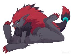 2023 anthro artist_name ass big_breasts blue_eyes commission daemon_hx daemonhx furry game_freak looking_at_viewer lying_on_stomach pokemon pokemon_(species) self_upload thick_thighs white_background zoroark