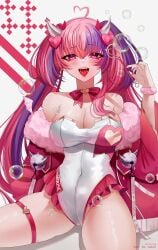 bells bowtie bubbles choker cleavage demon_girl demon_horns fangs fingernails ironmouse jacket_off_shoulders jacket_partially_removed long_hair looking_at_viewer open_mouth painted_nails pink_eyes pink_hair shoulders thick_thighs twintails virtual_youtuber vshojo yaebunny