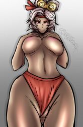 1girls blush cameltoe large_breasts purah purah_(tears_of_the_kingdom) solo spicezeros tears_of_the_kingdom the_legend_of_zelda topless white_hair