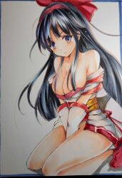 1girls ainu_clothes annoyed big_breasts black_hair blue_eyes busty cleavage female female_only hair_ribbon large_breasts legs long_hair looking_at_viewer nakoruru samurai_shodown sitting snk solo thighs traditional_media_(artwork) voluptuous