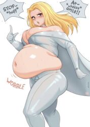 bbw belly belly_overhang big_belly blonde blonde_female blonde_hair blush blushing busty cape chubby chubby_female embarrassed emma_frost exhausted fat fat_female fat_fetish fat_girl fat_rolls fat_woman fatty kipteitei larger_female marvel marvel_comics obese obese_female out_of_breath overweight overweight_female pork_chop speech_bubble squished_breasts superhero_costume superheroine supervillainess thick_thighs tubby weight_gain white_cape x-men