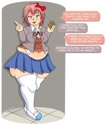 1girls ass bbw belly big_ass big_belly breasts chubby clothed clothing doki_doki_literature_club eating english_text fat female female_only food just_sayori light-skinned_female light_skin looking_at_viewer overhanging_belly overweight sayori_(doki_doki_literature_club) short_hair solo speech_bubble standing text thick_thighs thickertreat thighhighs