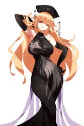 absurdres alternate_costume arm_up armpits bare_shoulders black_dress black_gloves blonde_hair breasts commentary covered_navel crossed_legs curvy dress earrings elbow_gloves english_commentary eyelashes feet_out_of_frame female gloves hair_between_eyes hand_on_own_hip headdress highres jewelry junko_(touhou) large_breasts long_hair looking_at_viewer no_nose one_eye_closed parted_lips pointy_ears raptor7 red_eyes simple_background sleeveless sleeveless_dress solo standing thighs touhou very_long_hair white_background